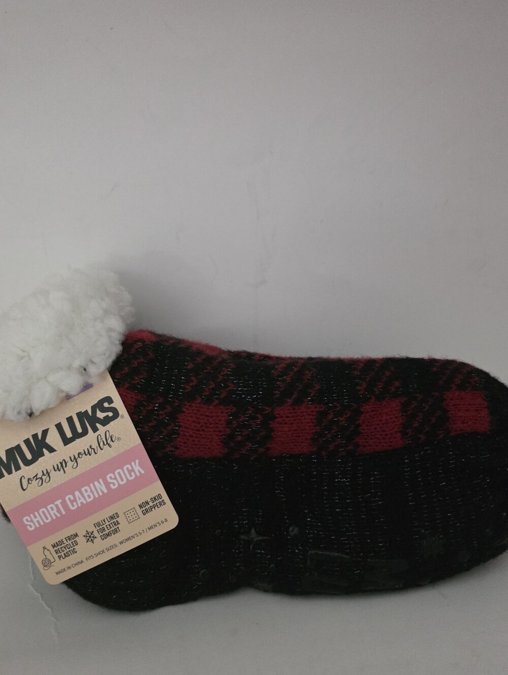 Muk Luks Short Cabin Socks Slippers Nonslip Grippers Red Black Buffalo Plaid NWT